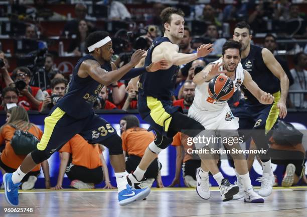 Facundo Campazzo of Real Madrid in action against Jan Vesely and Ali Muhammed of Fenerbahce during the Turkish Airlines Euroleague Final Four...