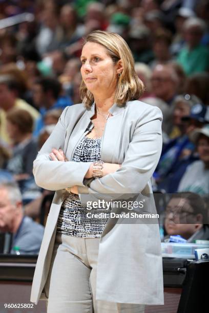 Head Coach Cheryl Reeve looks on during the game against the Los Angeles Sparks on May 20, 2018 at Target Center in Minneapolis, Minnesota. NOTE TO...