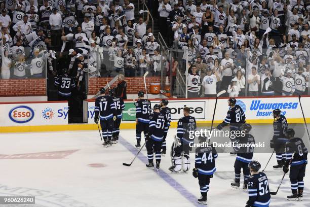 The Winnipeg Jets leave the ice after being defeated by the Vegas Golden Knights 2-1 in Game Five of the Western Conference Finals during the 2018...