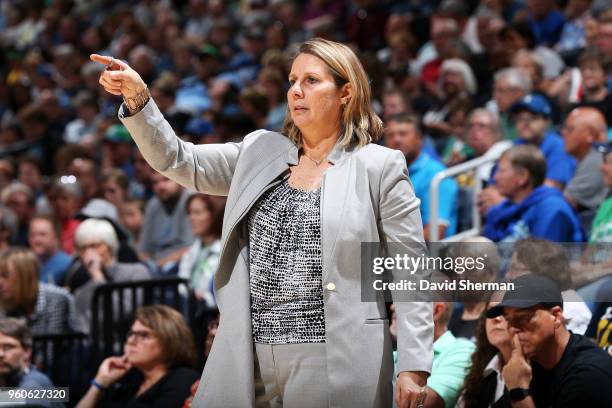 Head Coach Cheryl Reeve of the Minnesota Lynx makes a gesture during the game against the Los Angeles Sparks on May 20, 2018 at Target Center in...