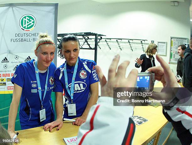 Anja Mittag and Fatmire Bajramaj of 1. FFC Turbine Potsdam pose during the T-Home DFB Indoor Cup at the Boerdelandhalle on January 23, 2010 in...