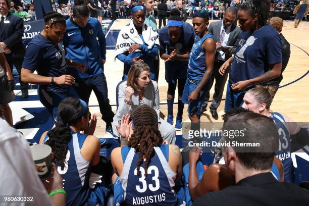 Head Coach Cheryl Reeve of the Minnesota Lynx leads a huddle during the game against the Los Angeles Sparks on May 20, 2018 at Target Center in...