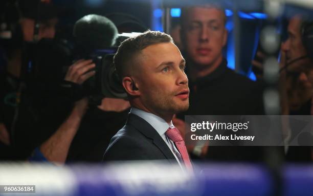 Carl Frampton looks on from ringside after the IBF Featherweight Championship fight between Lee Selby and Josh Warrington at Elland Road on May 19,...