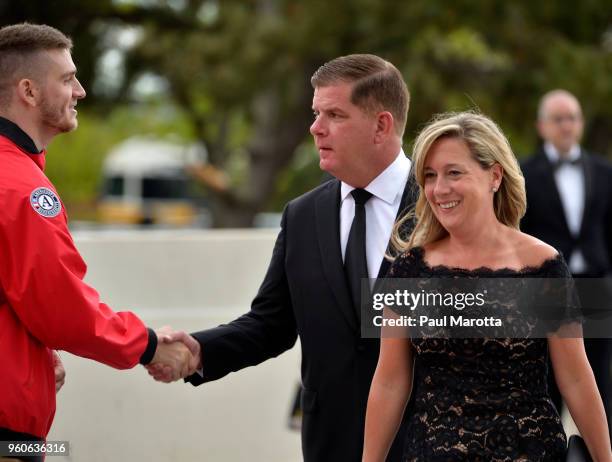 Boston Mayor Marty Walsh and Lori Higgins arrive at the John F. Kennedy Library for the annual JFK Profile in Courage Award on May 20, 2018 in...