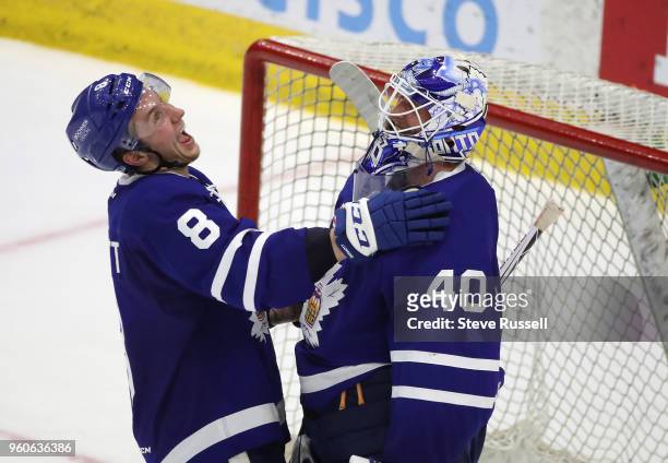 The Toronto Marlies Travis Dermott and Garret Sparks celebrate after scoring the overtime winner as the Toronto Marlies play the Lehigh Valley...