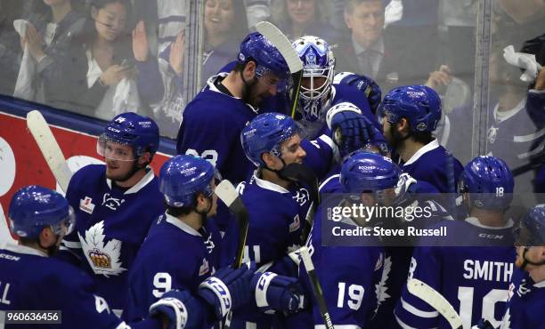 The Toronto Marlies celebrate after scoring the overtime winner as the Toronto Marlies play the Lehigh Valley Phantoms in game two of the AHL Eastern...