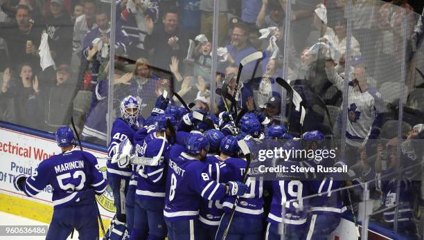 The Toronto Marlies celebrate after scoring the overtime winner as the Toronto Marlies play the Lehigh Valley Phantoms in game two of the AHL Eastern...