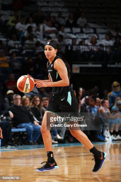 Marissa Coleman of the New York Liberty handles the ball against the Chicago Sky on May 6, 2018 at the Wintrust Arena in Chicago, Illinois. NOTE TO...