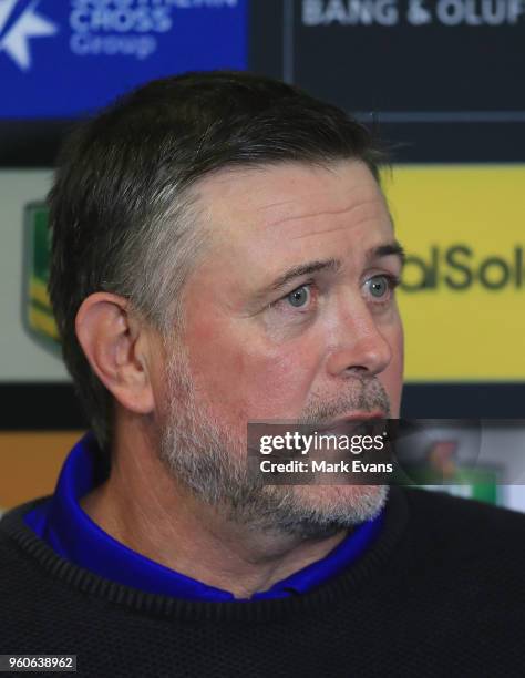 Dean Pay, Coach of the Bulldogs talks during a press conference after the round 11 NRL match between the Cronulla Sharks and the Canterbury Bulldogs...