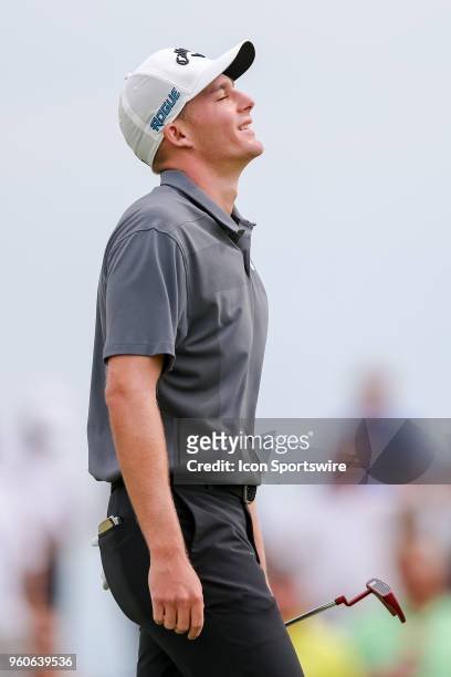 Aaron Wise reacts after missing his birdie putt on during the final round of the 50th annual AT&T Byron Nelson on May 20, 2018 at Trinity Forest Golf...