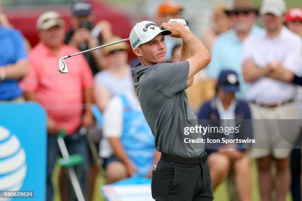 Aaron Wise hits his tee shot on during the final round of the 50th annual AT&T Byron Nelson on May 20, 2018 at Trinity Forest Golf Club in Dallas, TX.