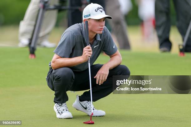 Aaron Wise lines up his putt on during the final round of the 50th annual AT&T Byron Nelson on May 20, 2018 at Trinity Forest Golf Club in Dallas, TX.