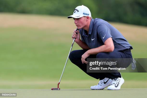 Aaron Wise lines up a putt on the sixth green during the final round of the AT&T Byron Nelson at Trinity Forest Golf Club on May 20, 2018 in Dallas,...