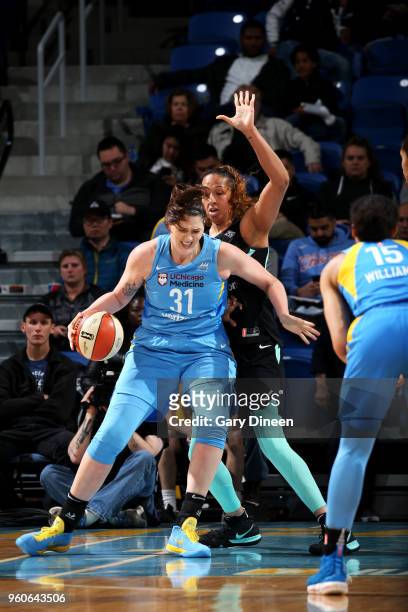 Stefanie Dolson of the Chicago Sky handles the ball against the New York Liberty on May 6, 2018 at the Wintrust Arena in Chicago, Illinois. NOTE TO...