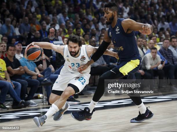 Sergio Llull of Real Madrid in action against Jason Thompson of Fenerbahce during the Turkish Airlines Euroleague Final Four Belgrade 2018 Final...