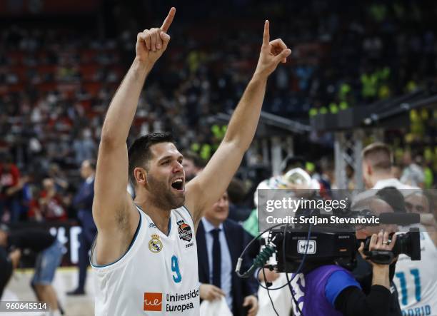 Felipe Reyes of Real Madrid celebrates victory after the Turkish Airlines Euroleague Final Four Belgrade 2018 Final match between Real Madrid and...