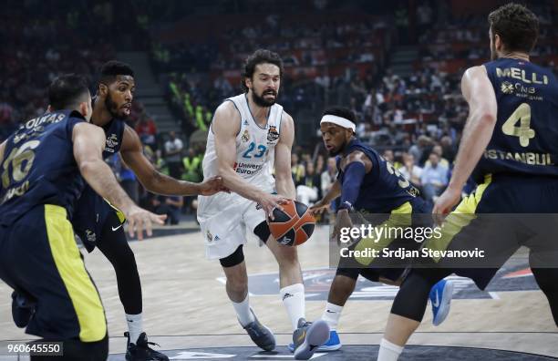 Sergio Llull of Real Madrid in action against Jason Thompson and Ali Muhammed of Real Madrid during the Turkish Airlines Euroleague Final Four...