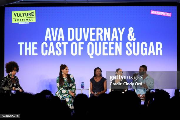 Moderator Angelica Bastien, director Ava DuVernay, Rutina Wesley, Dawn-Lyen Gardner and Kofi Siriboe of Queen Sugar speak on "Ava DuVernay and the...