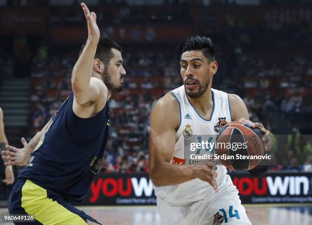 Gustavo Ayon of Real Madrid in action against Nikola Kalinic of Fenerbahce during the Turkish Airlines Euroleague Final Four Belgrade 2018 Final...