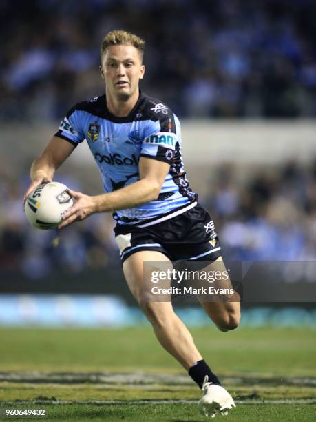 Matt Moylan of the Sharks runs the ball during the round 11 NRL match between the Cronulla Sharks and the Canterbury Bulldogs at Southern Cross Group...