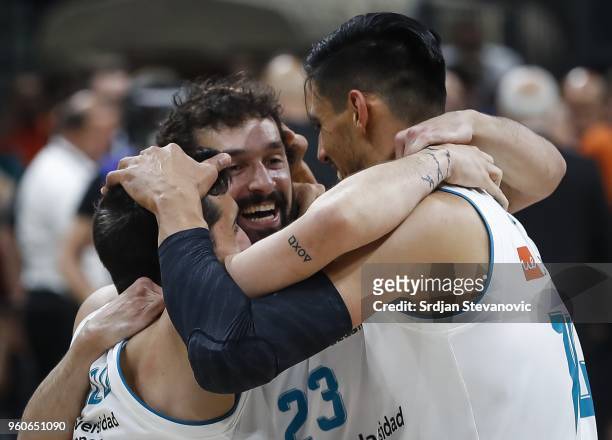 Facundo Campazzo Sergio Llull and Gustavo Ayon of Real Madrid celebrates during the Turkish Airlines Euroleague Final Four Belgrade 2018 Final match...