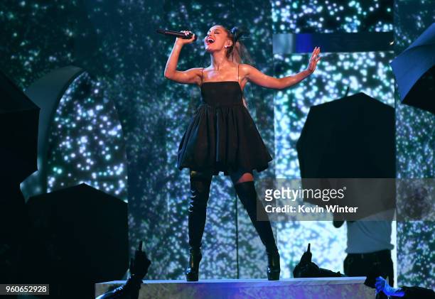 Ariana Grande performs onstage during the 2018 Billboard Music Awards at MGM Grand Garden Arena on May 20, 2018 in Las Vegas, Nevada.
