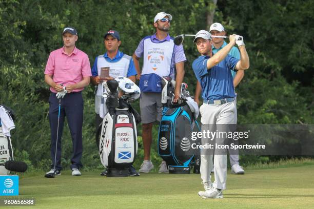 Tyler Duncan hits from the 18th tee during the final round of the AT&T Byron Nelson on May 20, 2018 at Trinity Forest Golf Club in Dallas, TX.