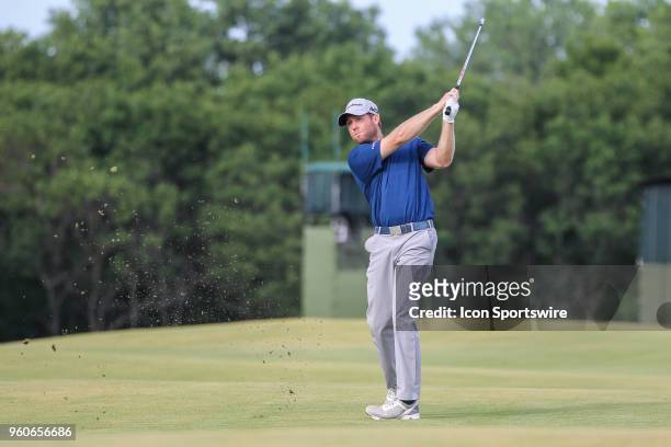 Tyler Duncan hits from the 18th fairway during the final round of the AT&T Byron Nelson on May 20, 2018 at Trinity Forest Golf Club in Dallas, TX.