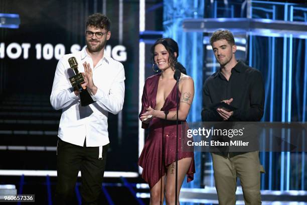 Recording artists Alex Pall and Andrew Taggart of The Chainsmokers and Halsey speak onstage during the 2018 Billboard Music Awards at MGM Grand...