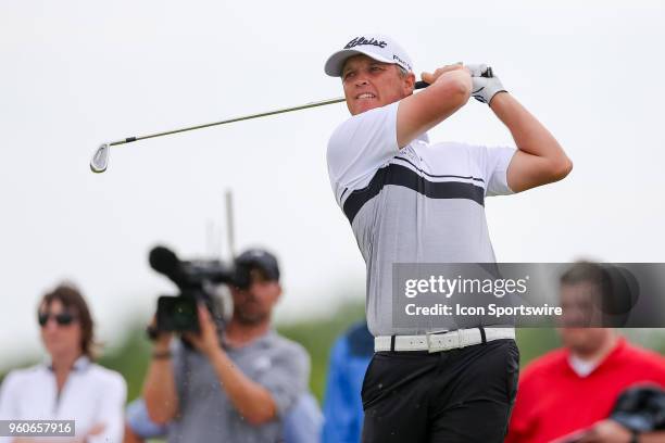 Matt Jones hits his tee shot on during the final round of the 50th annual AT&T Byron Nelson on May 20, 2018 at Trinity Forest Golf Club in Dallas, TX.