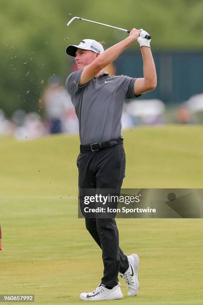 Aaron Wise hits his approach shot to during the final round of the 50th annual AT&T Byron Nelson on May 20, 2018 at Trinity Forest Golf Club in...