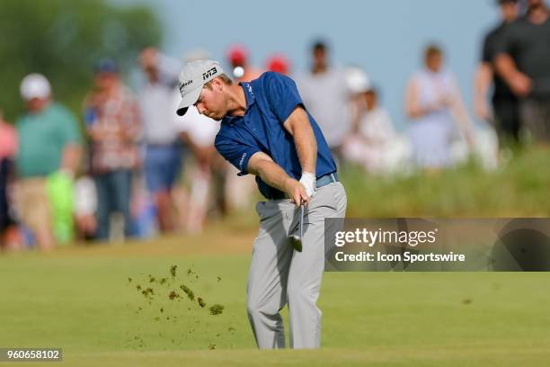 Tyler Duncan hits his approach shot to during the final round of the 50th annual AT&T Byron Nelson on May 20, 2018 at Trinity Forest Golf Club in...