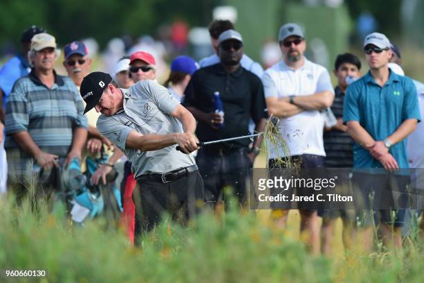 Jimmy Walker plays his second shot on the ninth hole during the final round of the AT&T Byron Nelson at Trinity Forest Golf Club on May 20, 2018 in...