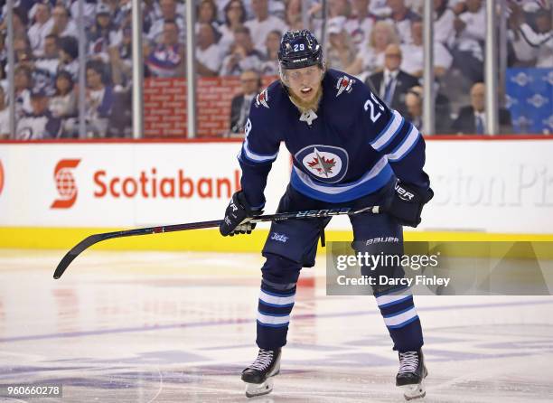 Patrik Laine of the Winnipeg Jets looks on during a third period stoppage in play against the Vegas Golden Knights in Game Five of the Western...