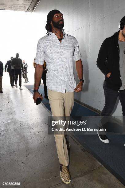 Nene Hilario of the Houston Rockets arrives before the game against the Golden State Warriors during Game Three of the Western Conference Finals...