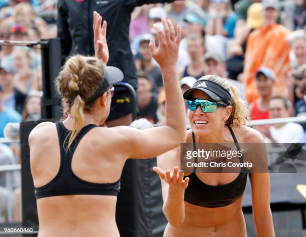 Alix Klineman and April Ross react during the women's finals at the 2018 AVP Austin Open at Krieg Fields on May 20, 2018 in Austin, Texas.