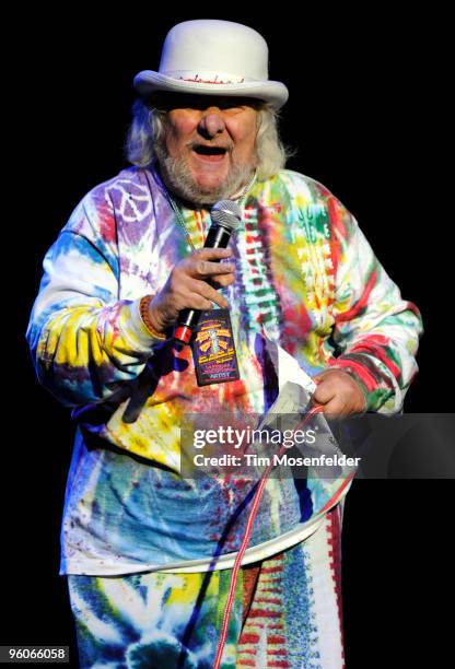 Wavy Gravy performs stage announcements as part of the Tribute to the life of Norton Buffalo at the Fox Theatre on January 22, 2010 in Oakland,...