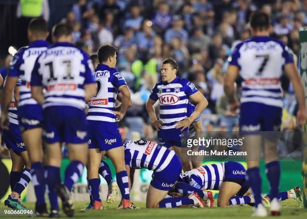 The Bulldogs look on after a Sharks try during the round 11 NRL match between the Cronulla Sharks and the Canterbury Bulldogs at Southern Cross Group...
