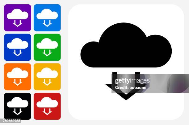 cloud computing icon square button set - flying in sync stock illustrations