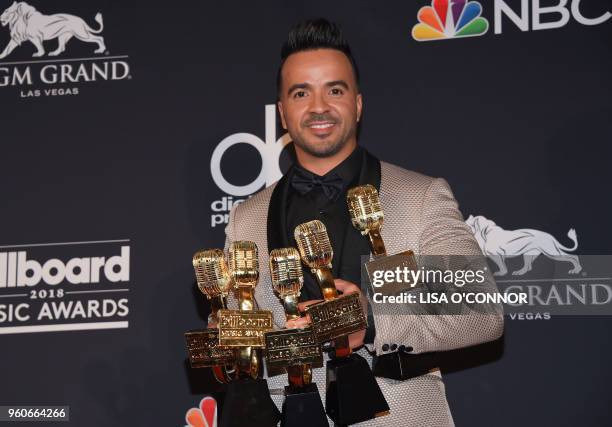 Recording artist Luis Fonsi poses with his awards for Top Hot 100 Songs, Top Collaboration, Top Streaming Song, Top Selling Song and Top Latin Song...