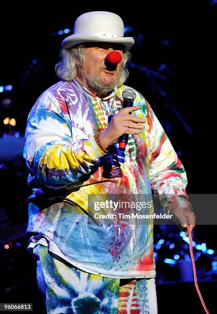 Wavy Gravy performs stage announcements as part of the Tribute to the life of Norton Buffalo at the Fox Theatre on January 22, 2010 in Oakland,...