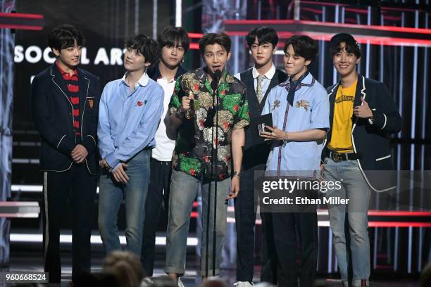 Musical group BTS accepts an award onstage during the 2018 Billboard Music Awards at MGM Grand Garden Arena on May 20, 2018 in Las Vegas, Nevada.