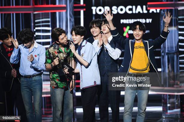 Music group BTS accepts the Top Social Artist award onstage during the 2018 Billboard Music Awards at MGM Grand Garden Arena on May 20, 2018 in Las...