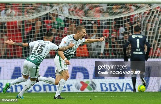 Julio Furch of Santos celebrates his goal against Toluca during their Mexican Clausura 2018 tournament football final match at the Nemesio Diez...