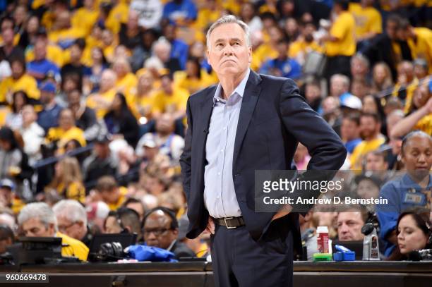 Head Coach Mike D'Antoni of the Houston Rockets looks on during the game against the Golden State Warriors during Game Three of the Western...