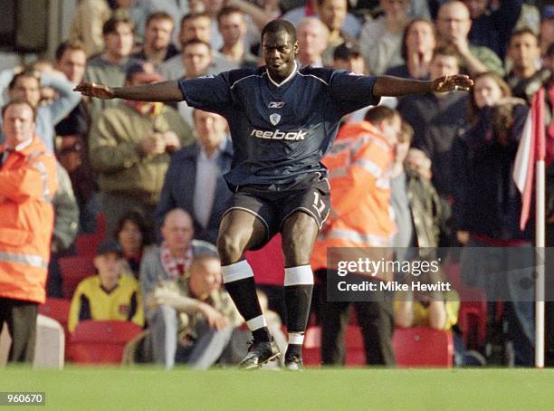 Michael Ricketts of Bolton Wanderers celebrates scoring the equalising goal during the FA Barclaycard Premiership match against Arsenal played at...