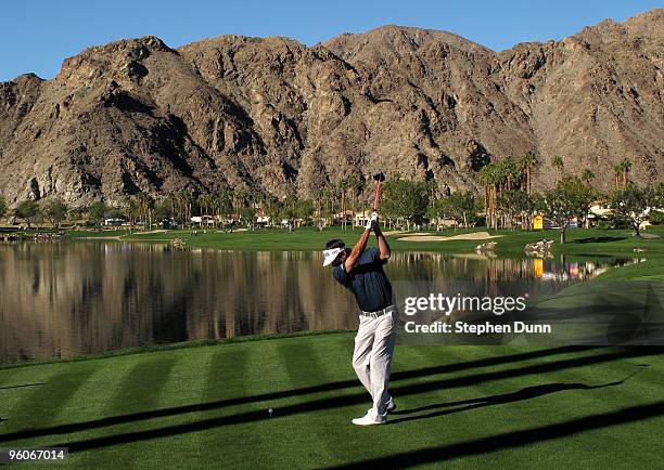 Bubba Watson hits his tee shot on the 10th hole of the Palmer Private course at PGA West during the third round of the Bob Hope Classic on January...