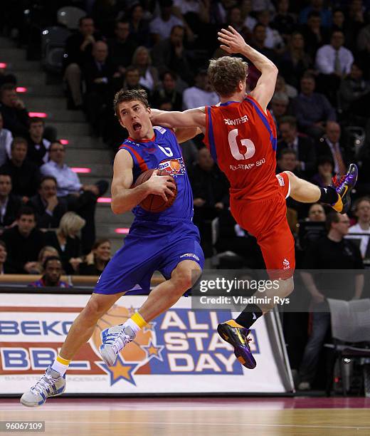Steffen Hamann of Team Sued and ALBA Berlin and Per Guenther of Team Nord and Ulm during the Beko Basketball Bundesliga ALL STAR game at Telekom Dome...