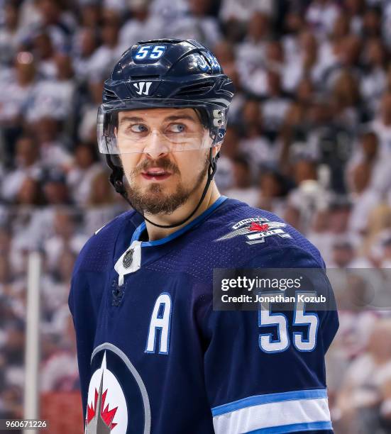 Mark Scheifele of the Winnipeg Jets looks on during third period action against the Vegas Golden Knights in Game Five of the Western Conference Final...