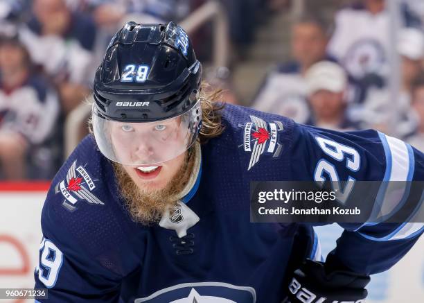 Patrik Laine of the Winnipeg Jets looks on during a third period face-off against the Vegas Golden Knights in Game Five of the Western Conference...